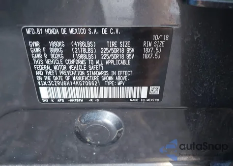 2019 Honda Hr-V Sport из США, поврежденный, VIN 3CZRU6H14KG706621